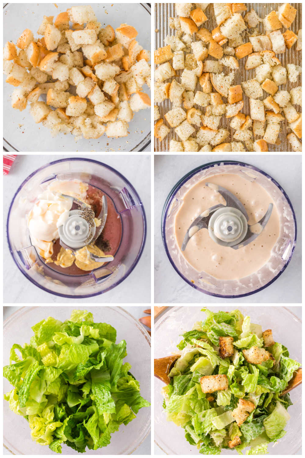 A picture collage of how to make Caesar Salad. 