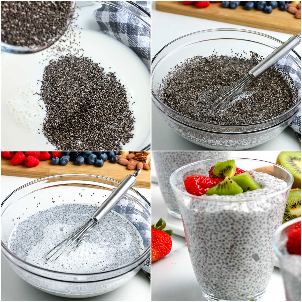 A picture collage of how to make Chia Pudding.