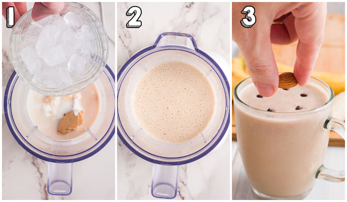 A picture collage of how to make a healthy peanut butter smoothie.