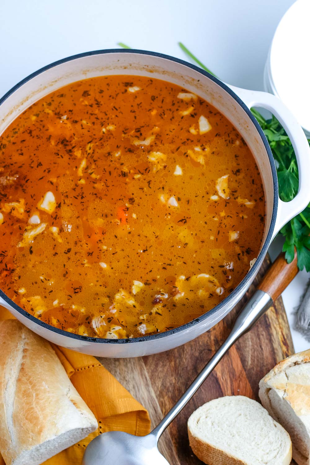 An overhead picture of Leftover Ham Soup in a soup pot.