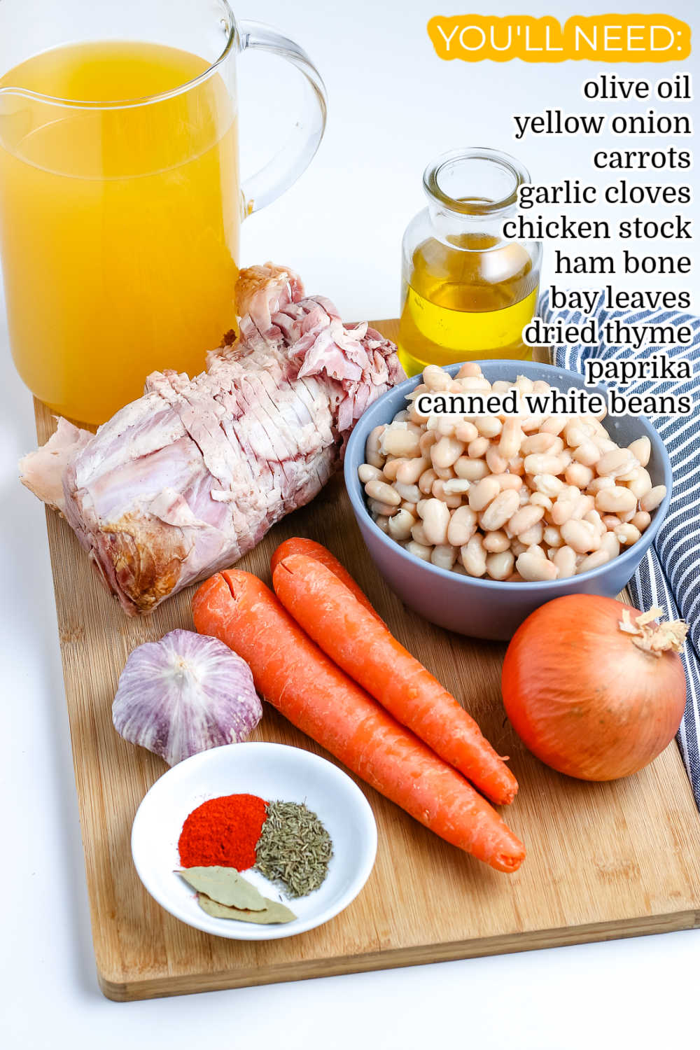 All of the ingredients needed to make this Leftover Ham and Bean Soup recipe.