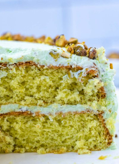 A close up picture of the inside of the Pistachio Pudding Cake.
