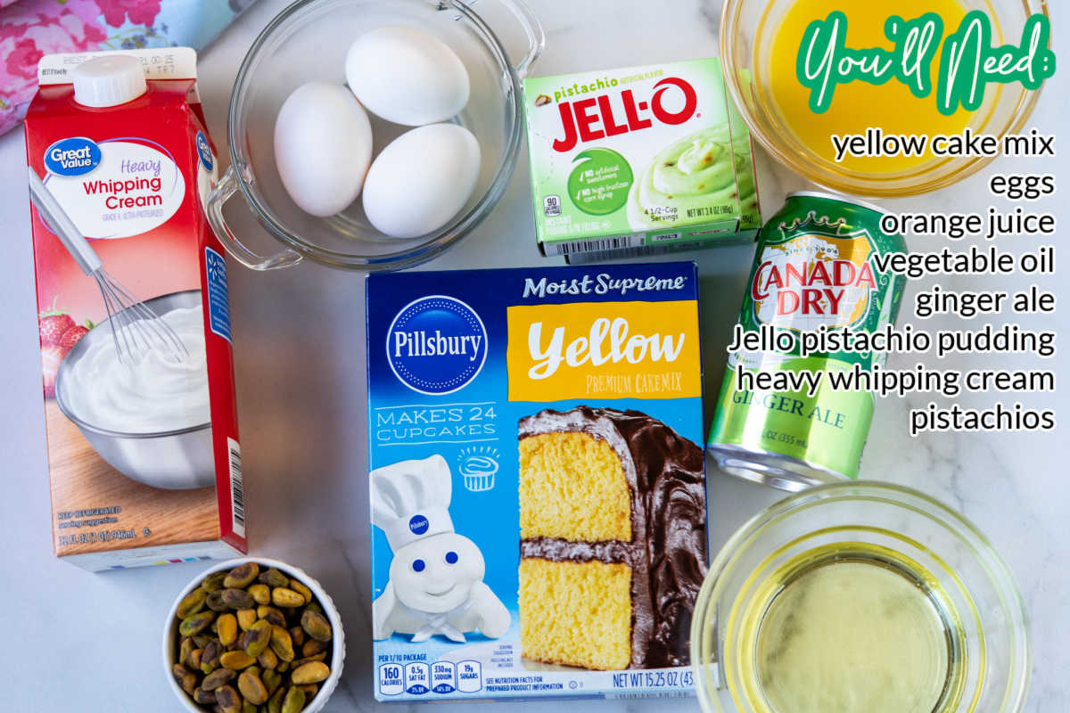 An overhead picture of all of the Pistachio Pudding Cake recipe ingredients.