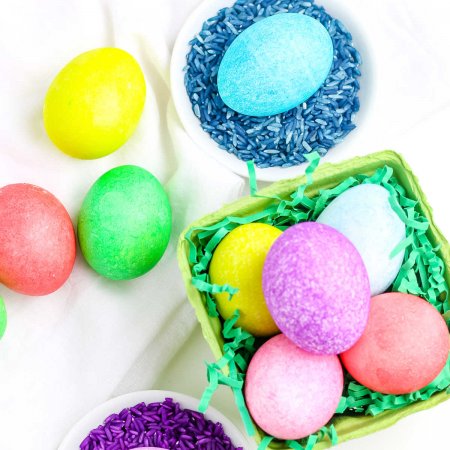 A close up picture of the finished rice-dyed Easter eggs.