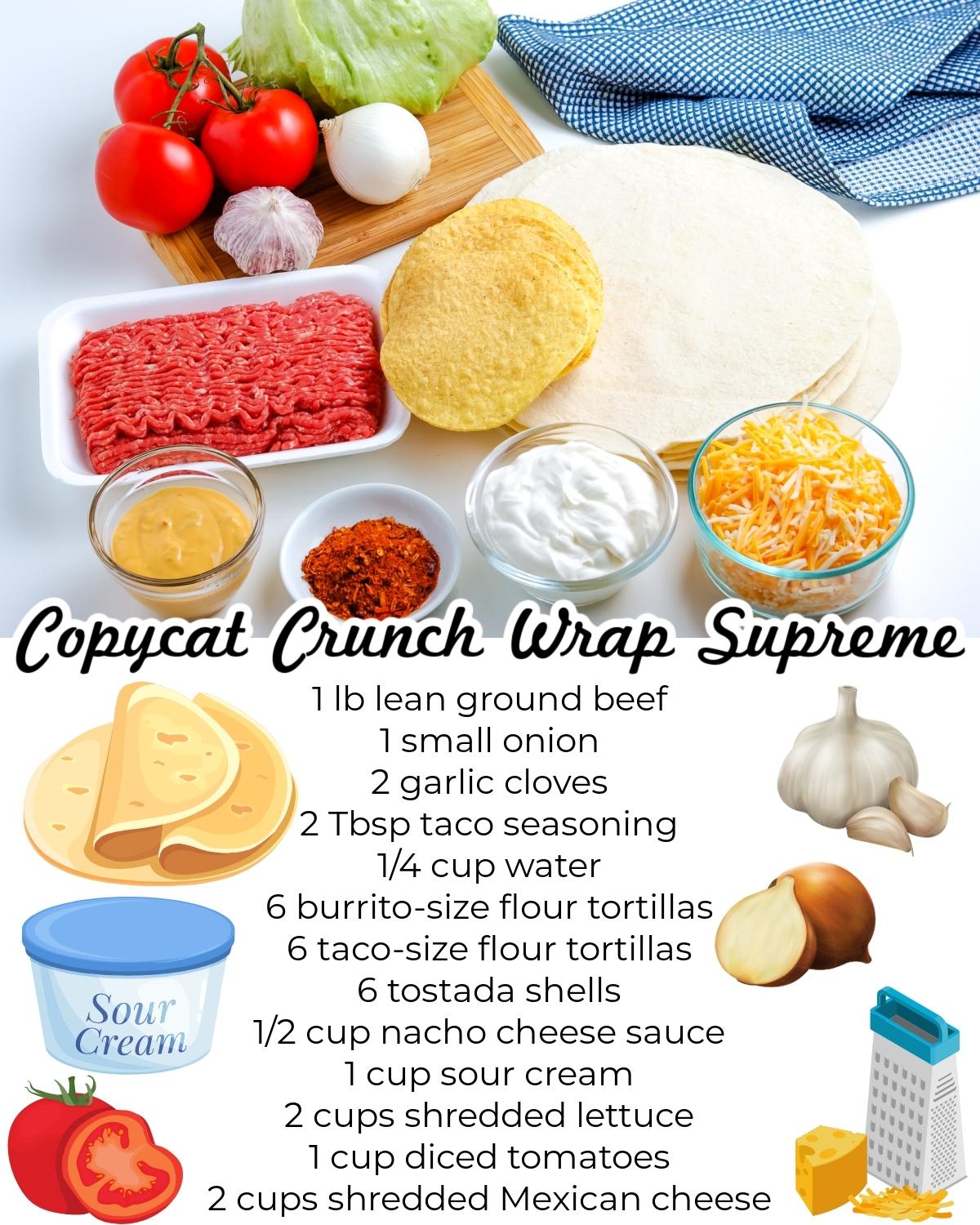 All of the ingredients needed to make this Copycat Taco Bell Crunchwrap Supreme recipe.