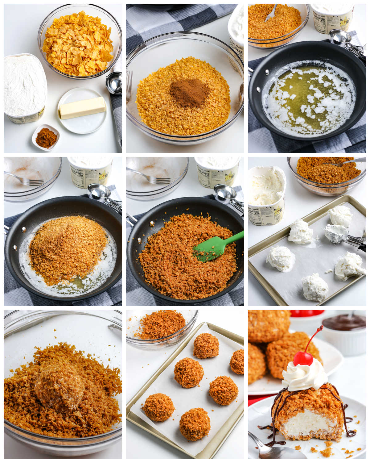 A picture collage of how to make this Fried Ice Cream recipe.