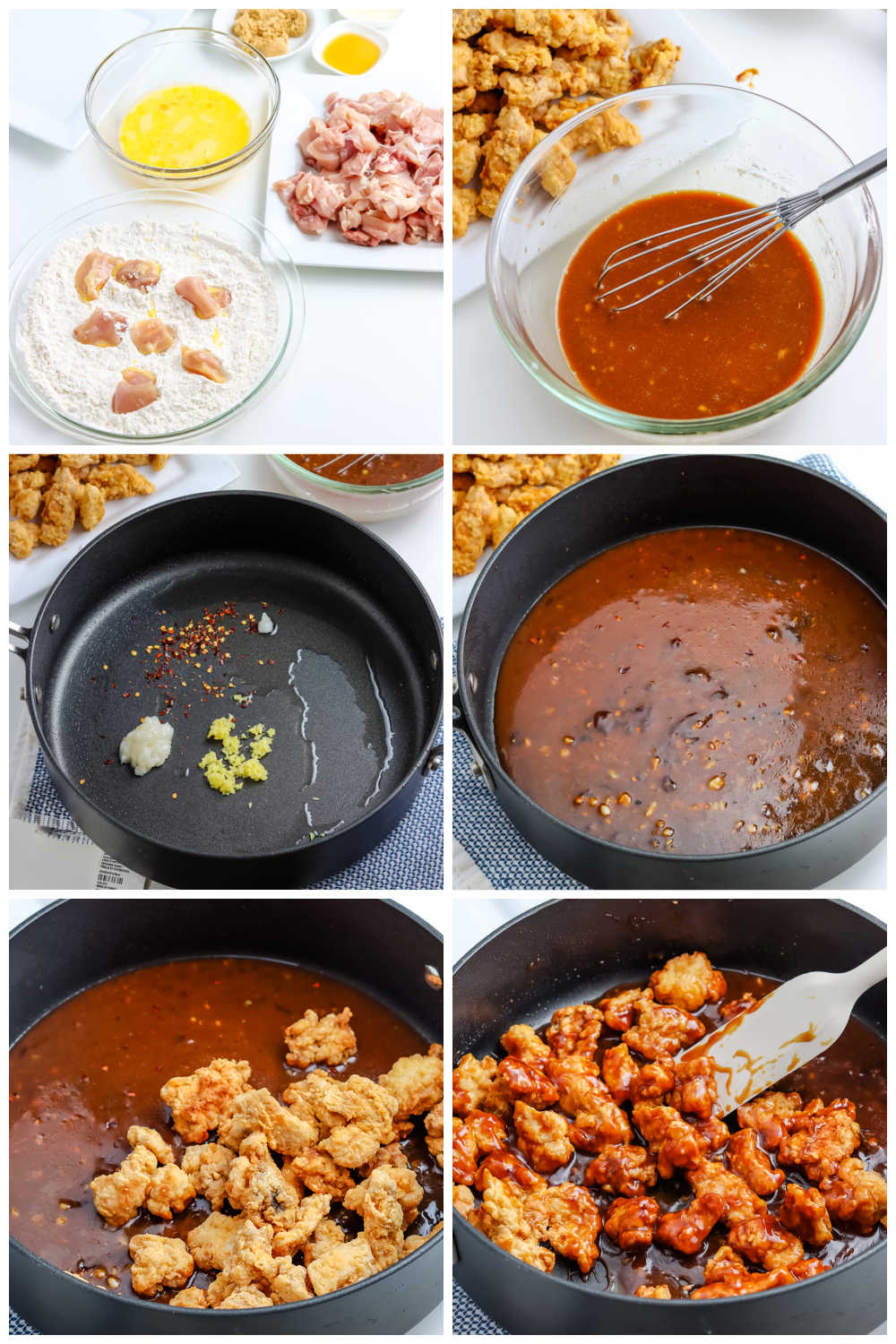 A picture collage of how to make General Tso Chicken.
