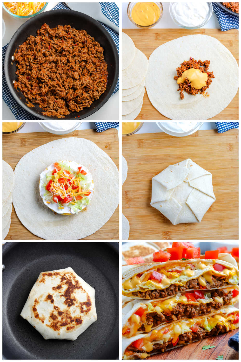A picture collage of how to make Taco Bell Crunchwrap.