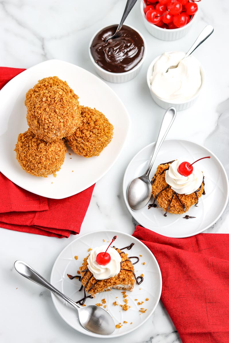 An overhead picture of the finished Fried Ice Cream recipe