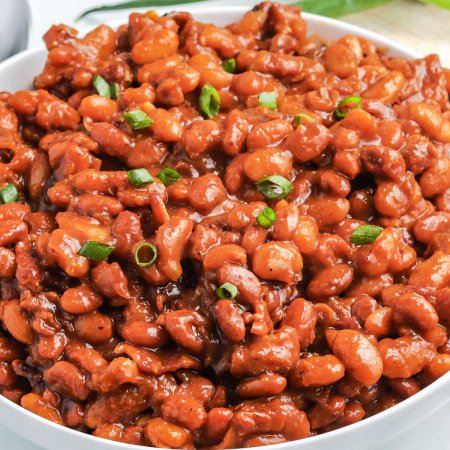 A close up picture of the finished Instant Pot Baked Beans recipe.