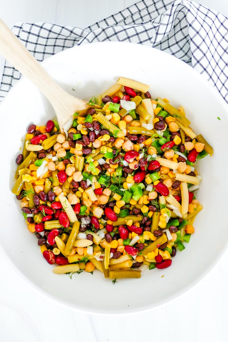 An overhead picture of 5 Bean Salad in a white mixing bowl.