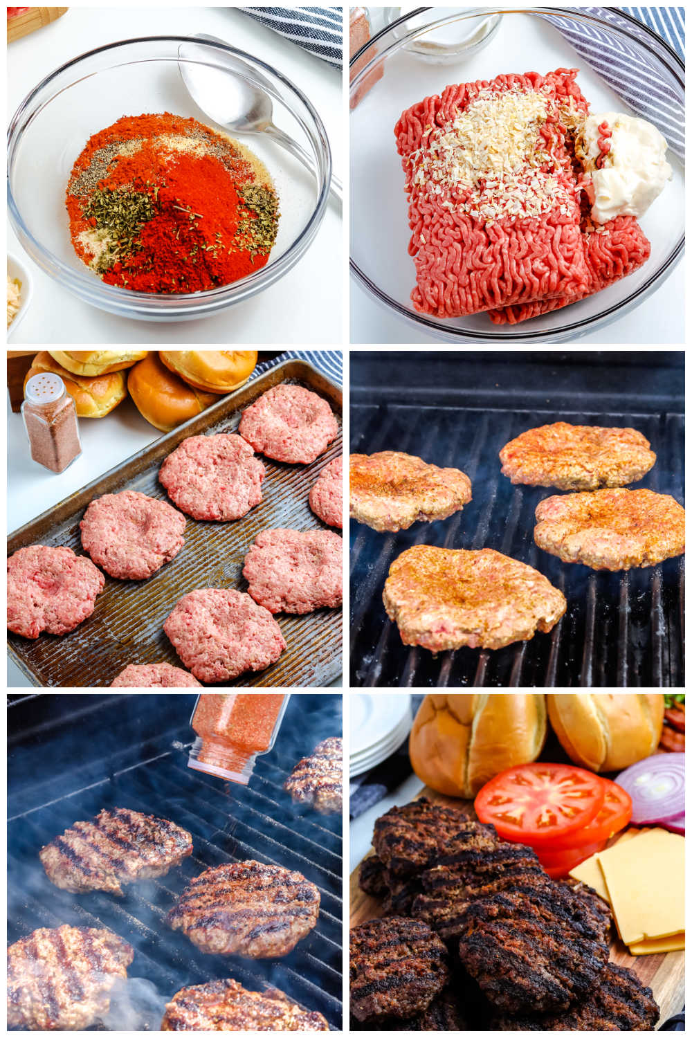 A picture collage of how to make the best grilled hamburgers.