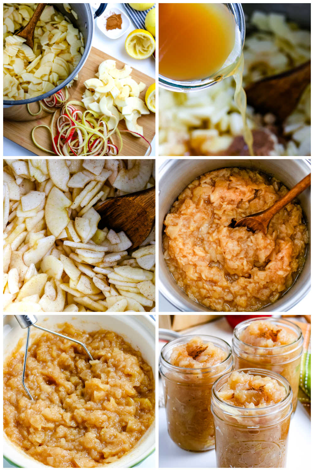 A picture collage of how to make homemade applesauce.
