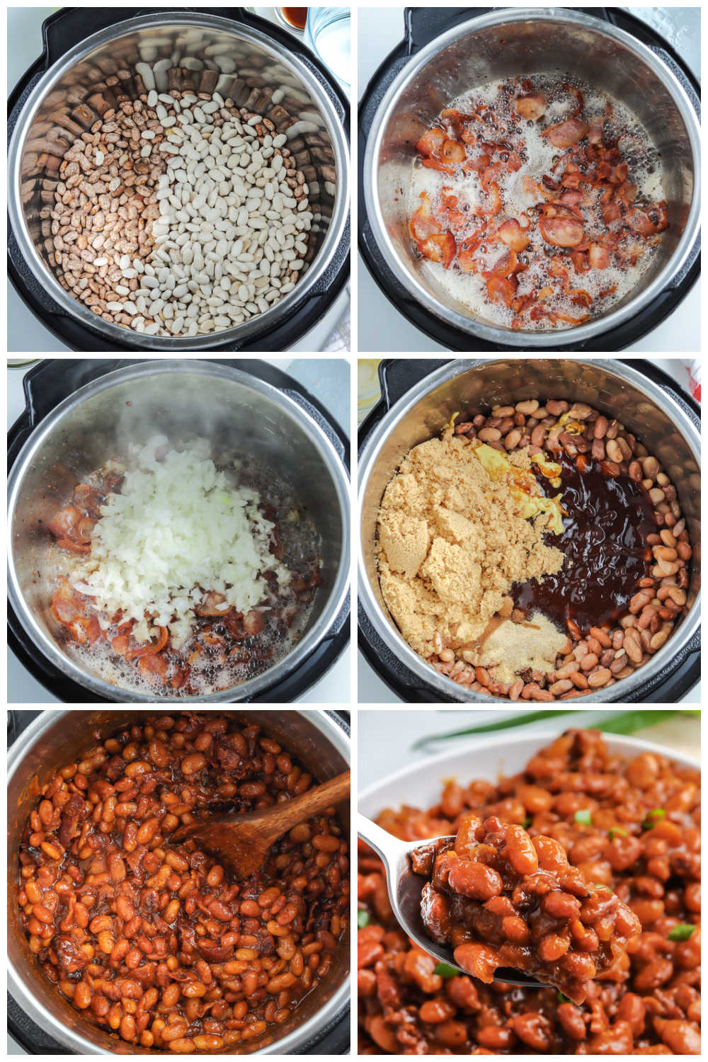 A picture collage of how to make Instant Pot Baked Beans.
