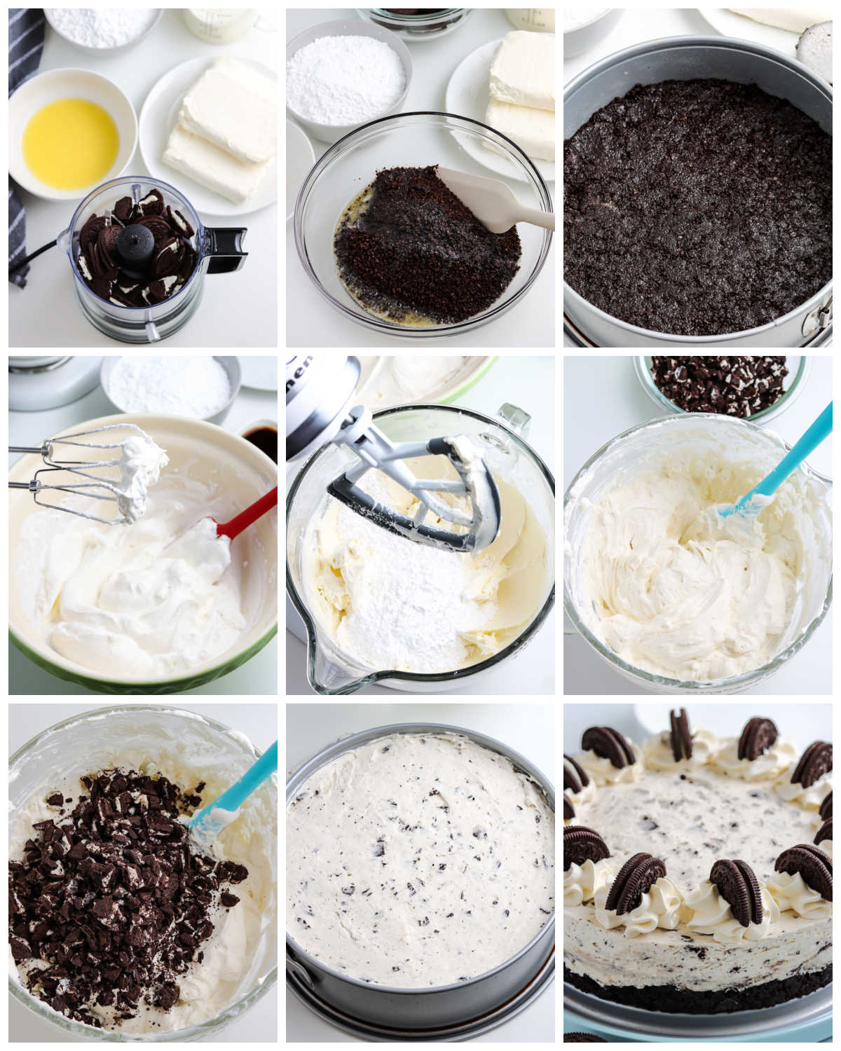 A picture collage of how to make this No Bake Oreo Cheesecake recipe.