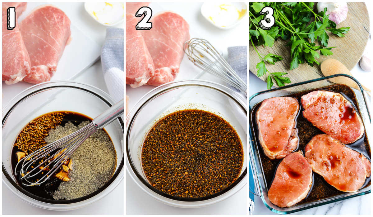 A picture collage of how to make this easy pork chop marinade recipe.