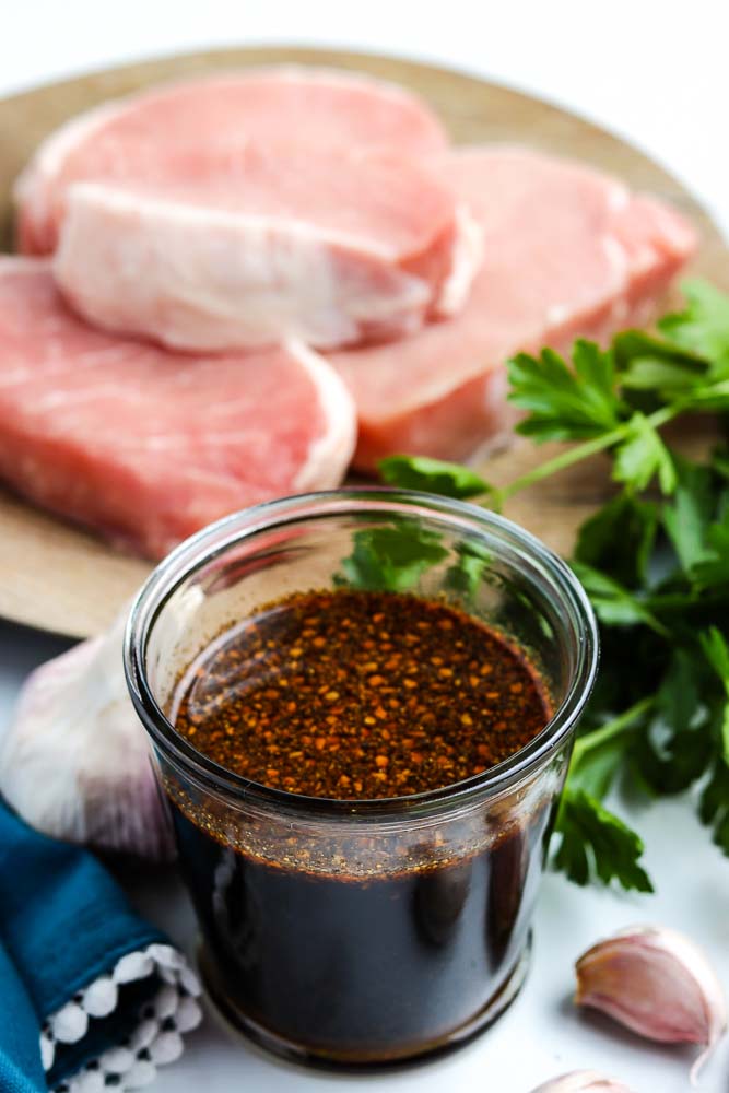 The finished pork marinade in a glass jar.