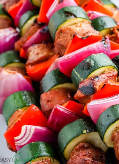The finished Grilled Pork Kabobs with text overlay for Pinterest.