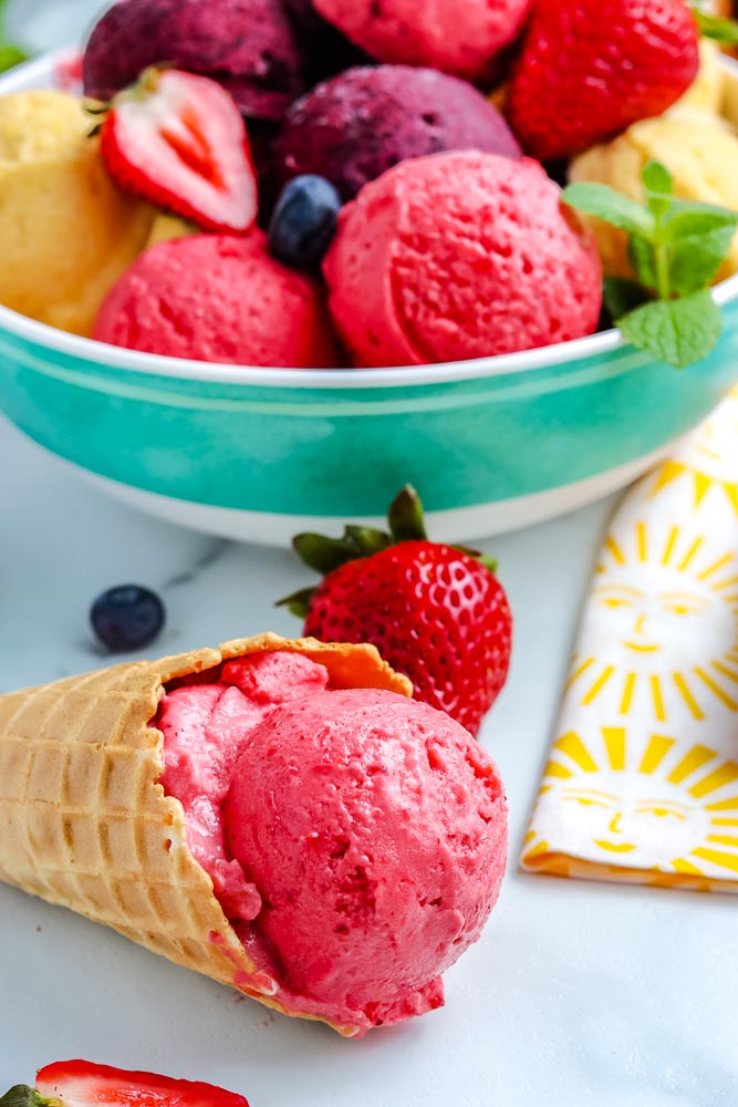 Homemade Frozen Yogurt in a waffle cone.