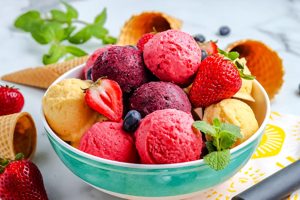 Homemade Frozen Yogurt scooped and placed in a serving bowl.