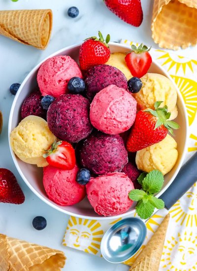 An overhead picture of the finished Homemade Frozen Yogurt in a serving bowl.