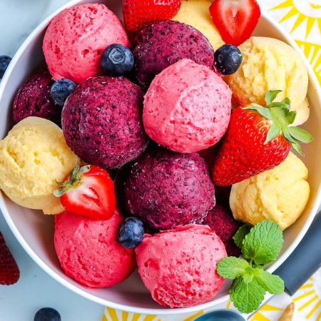 An overhead picture of scooped frozen yogurt.