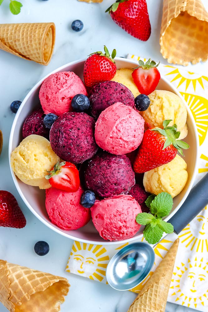 An overhead picture of the finished Homemade Frozen Yogurt in a serving bowl. 