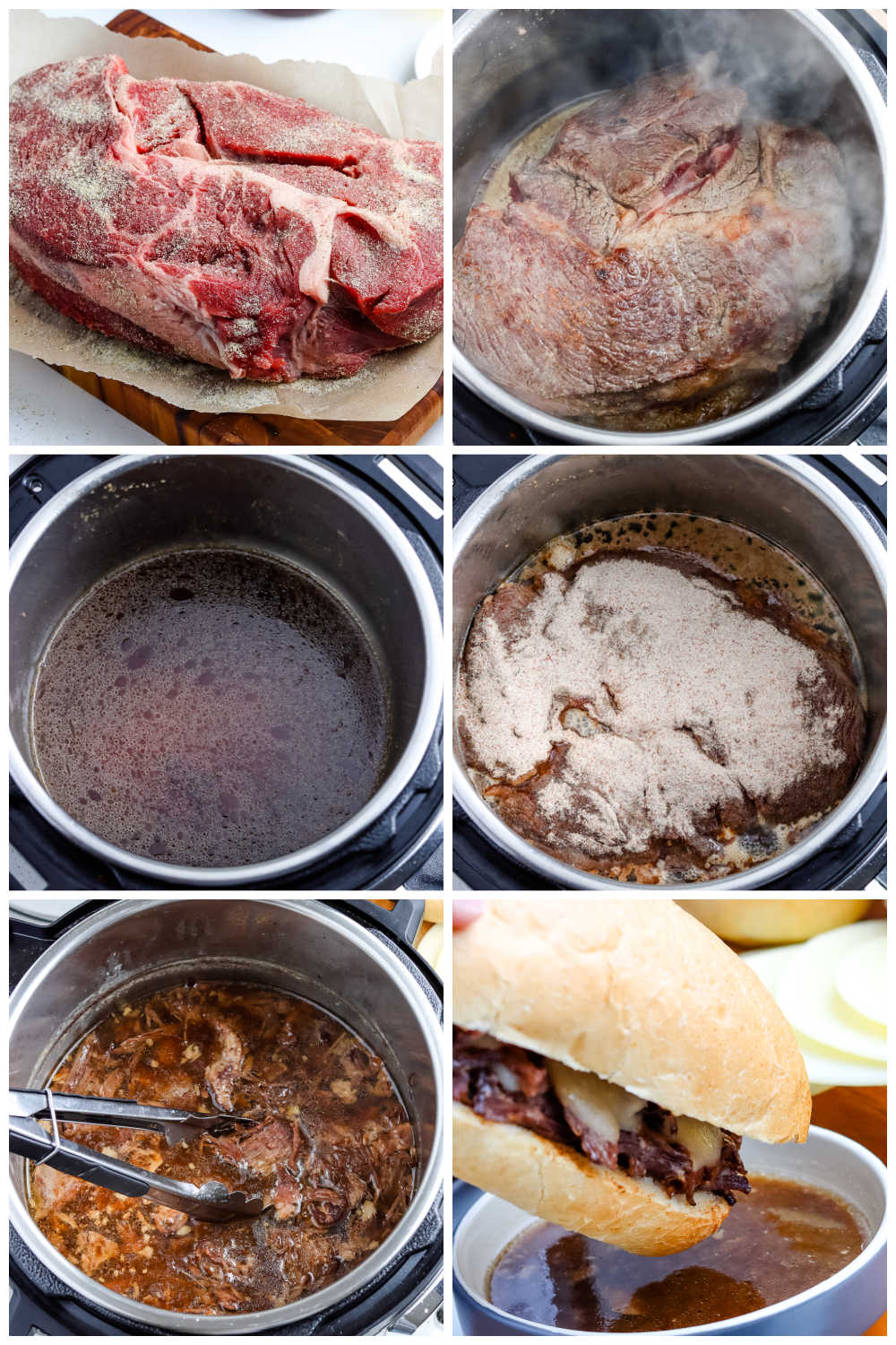 A picture collage of how to make this Instant Pot French Dip recipe.