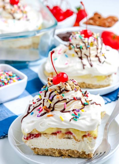 The finished No-Bake Banana Split Cake on a white plate.