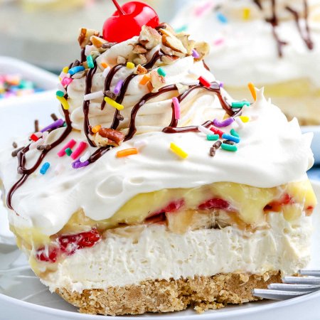 A close up picture of a piece of No-Bake Banana Split Dessert.