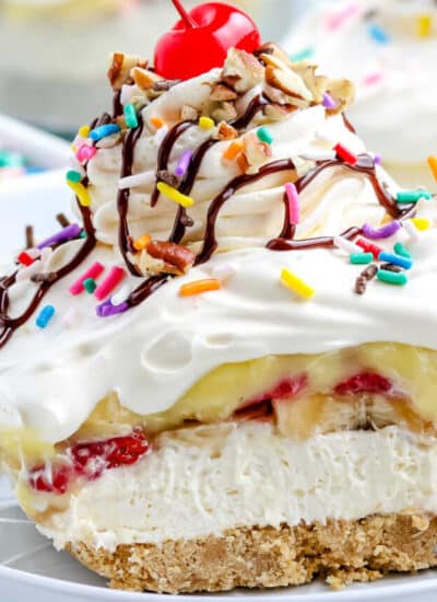 A close up picture of a piece of No-Bake Banana Split Dessert.