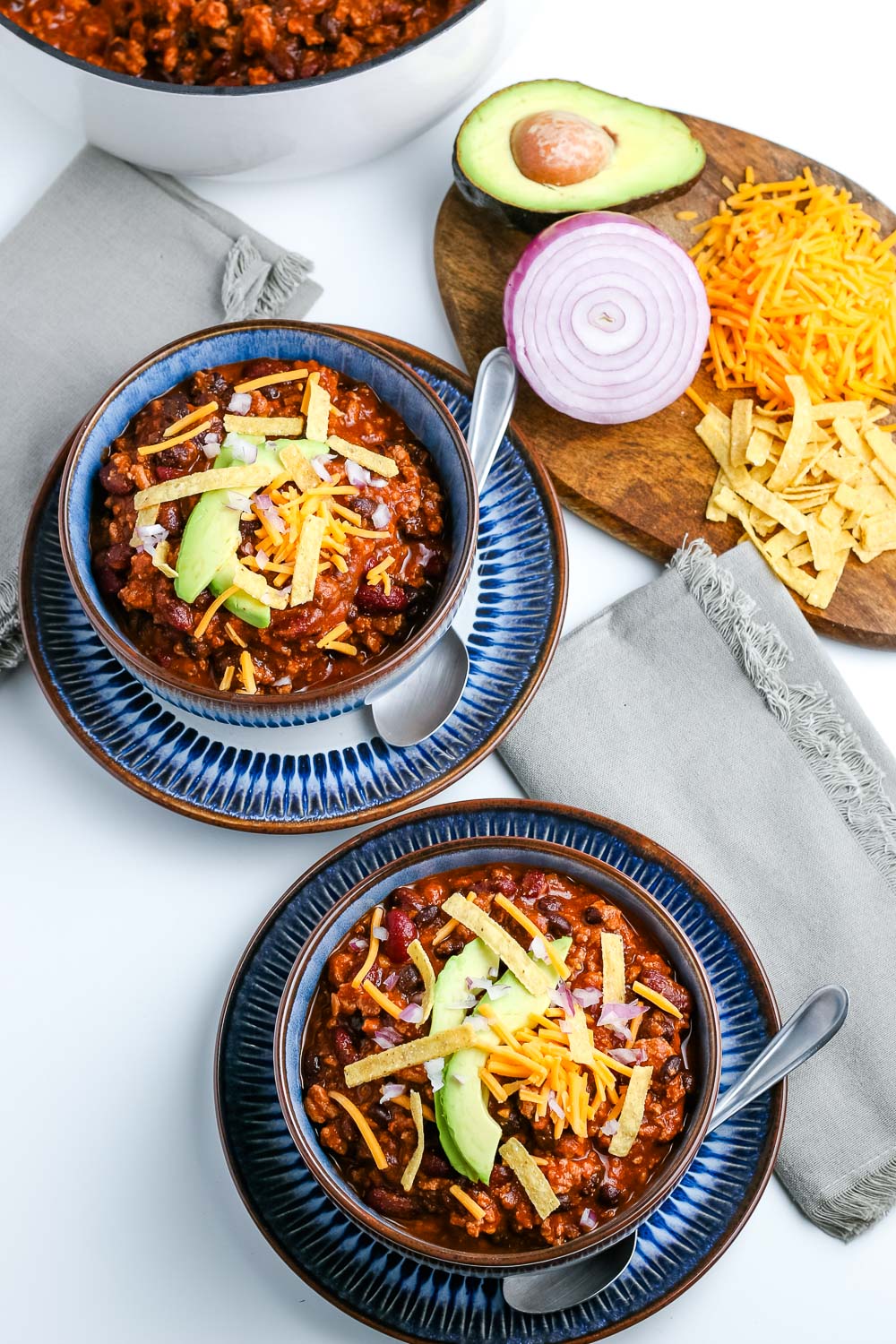 An overhead picture of two bowls of Ground Turkey Chili.