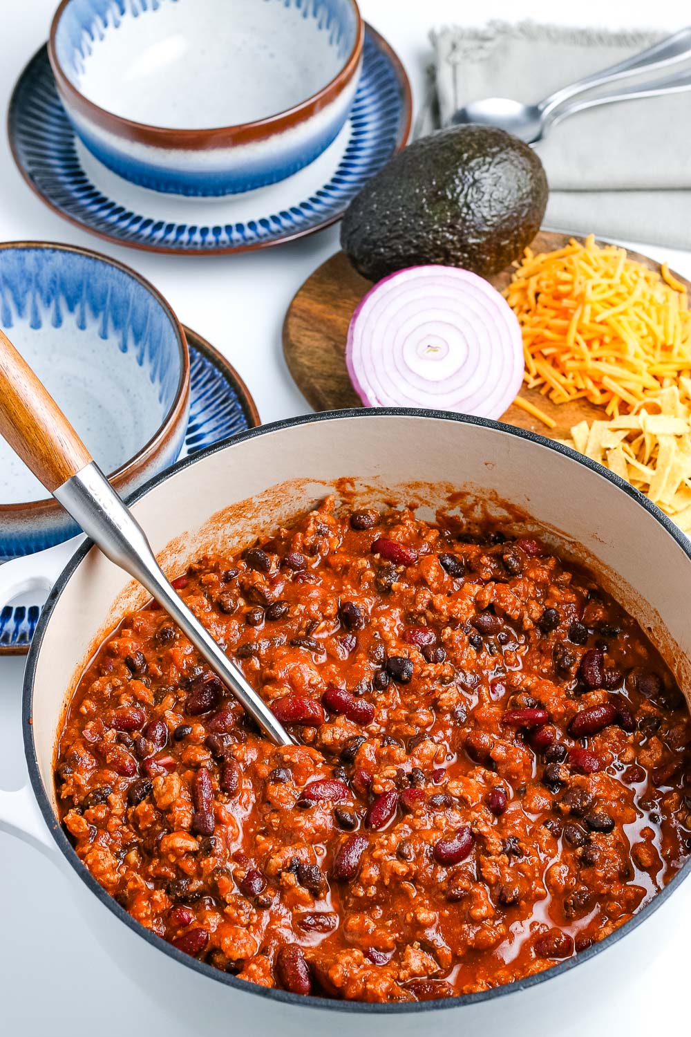 A big pot full of Ground Turkey Chili.