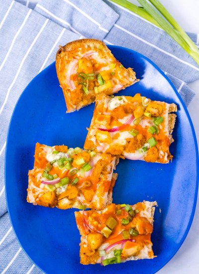 an overhead picture of the finished Buffalo Chicken French Bread Pizza.