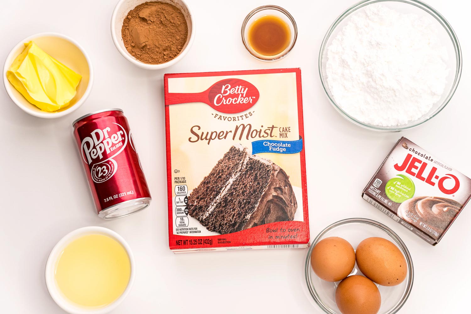 All of the ingredients needed to make this Dr Pepper Chocolate Cake recipe.