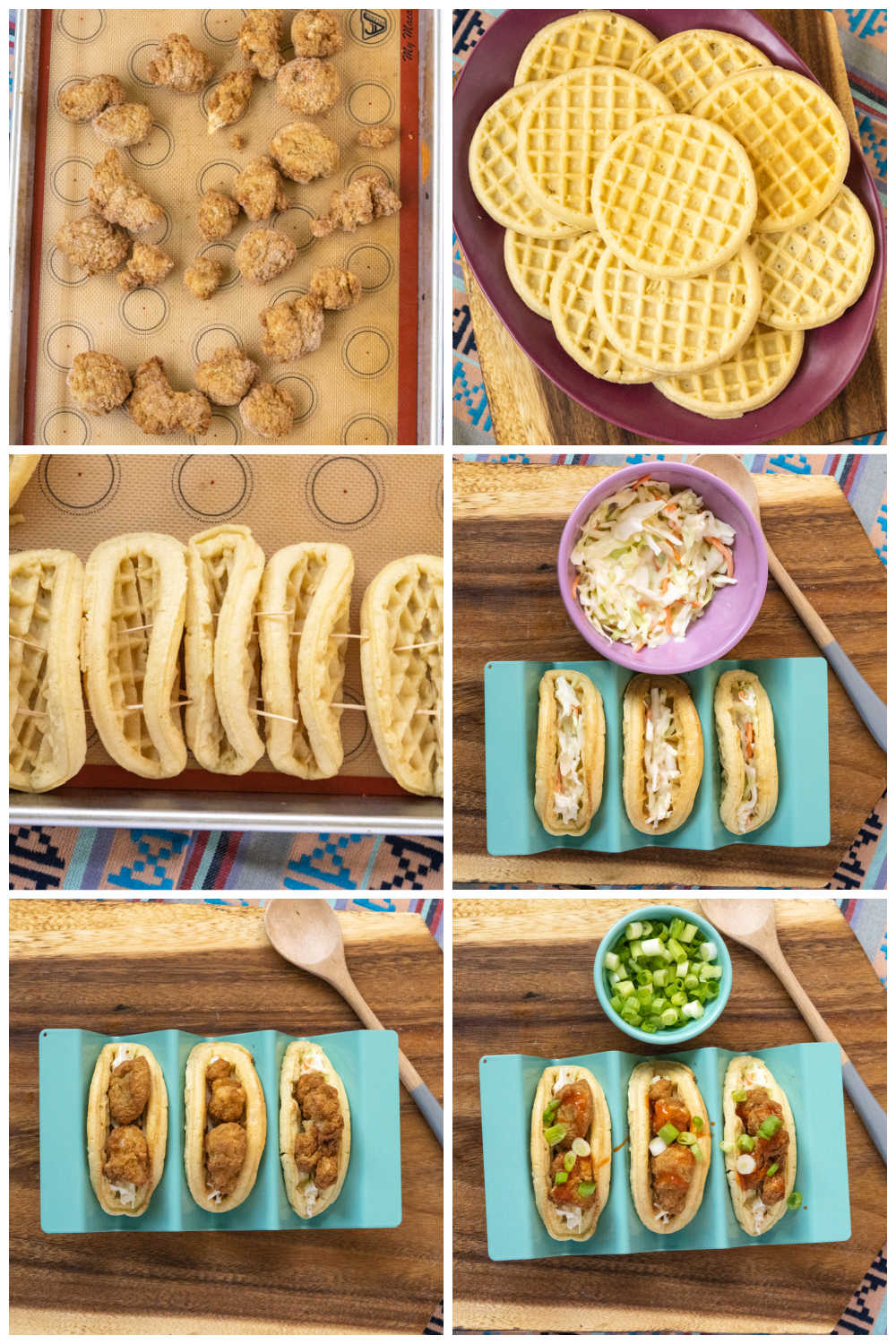 A picture collage of how to make these Chicken and Waffle Tacos.