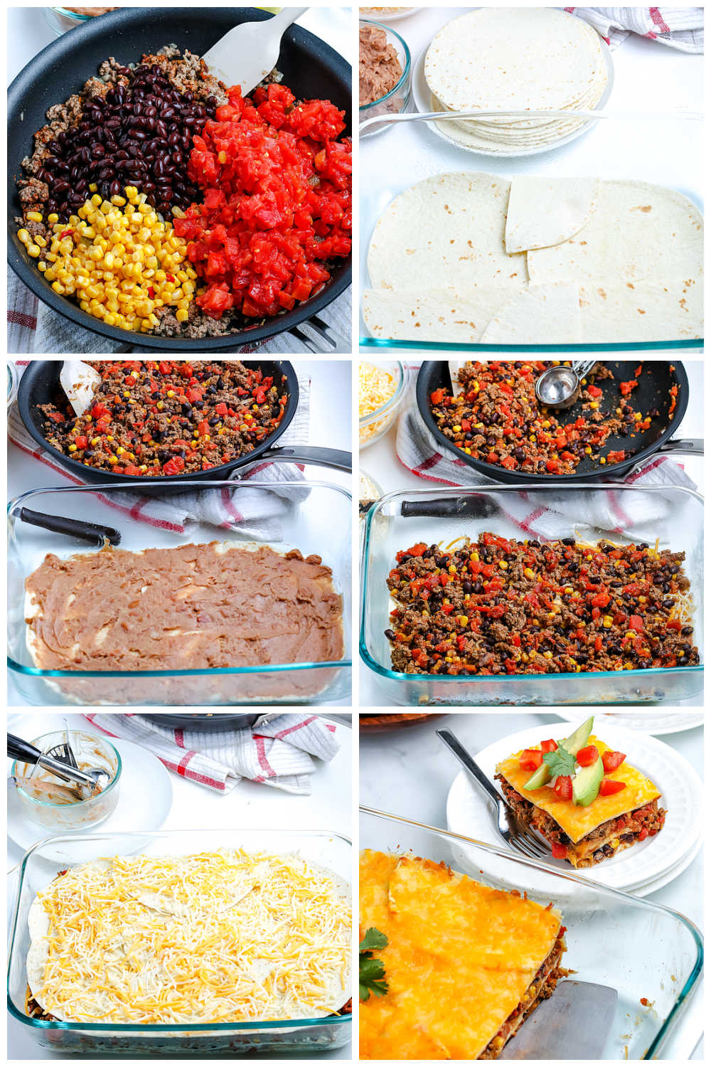 A picture collage of how to make this Mexican Lasagna recipe.