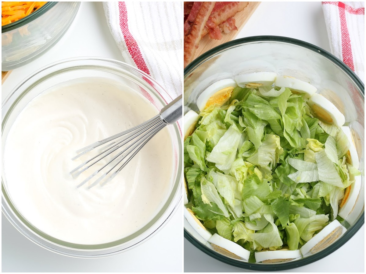 a collage showing how to make layered salad by whisking the dressing ingredients together and layering the lettuce and salad in the bowl