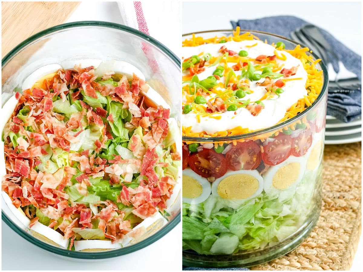 a collage showing how to make layered salad by adding the garnishes, and serving in the trifle bowl