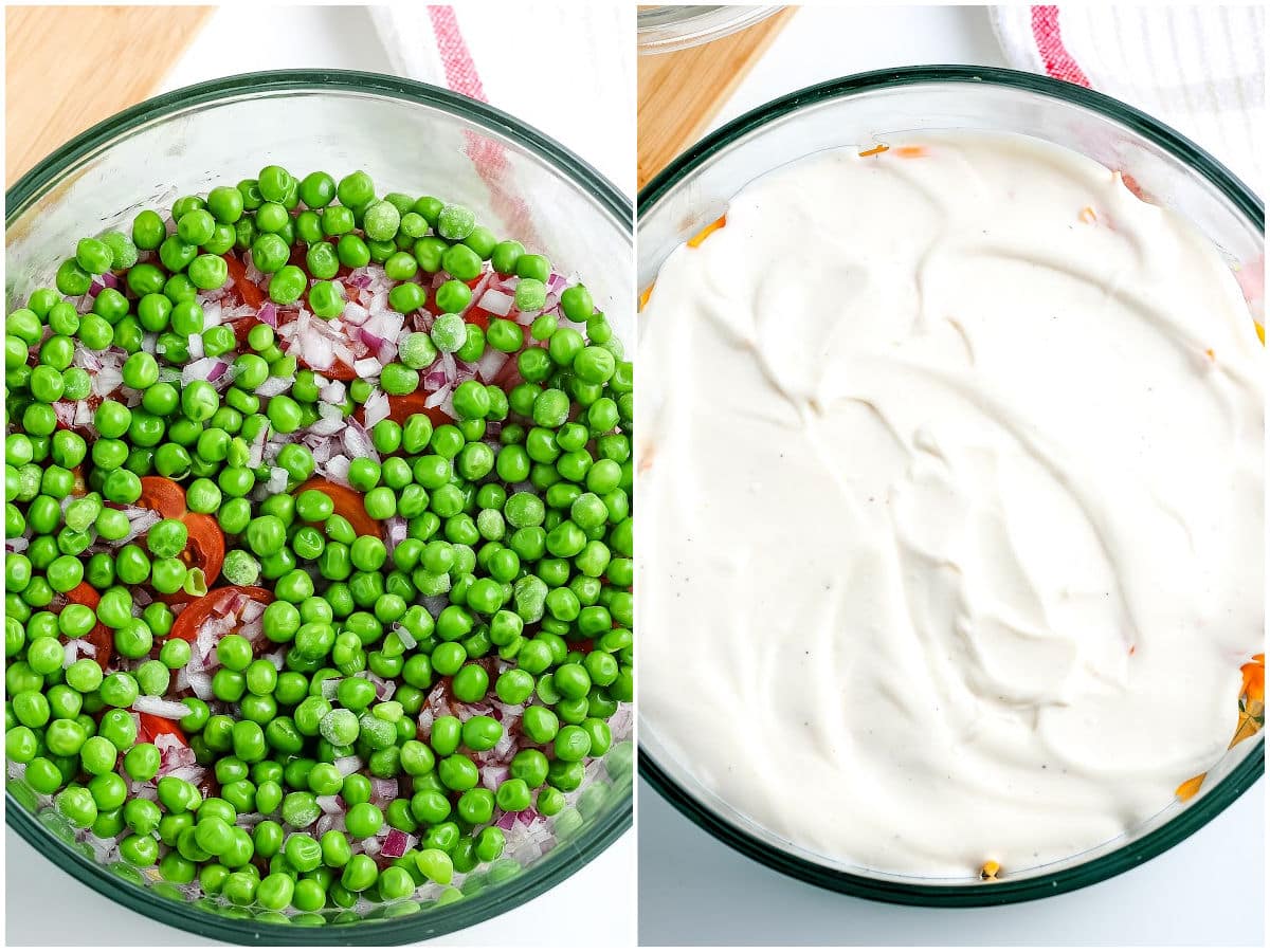 a collage showing how to make layered salad by adding the vegetables followed by the dressing in the salad bowl
