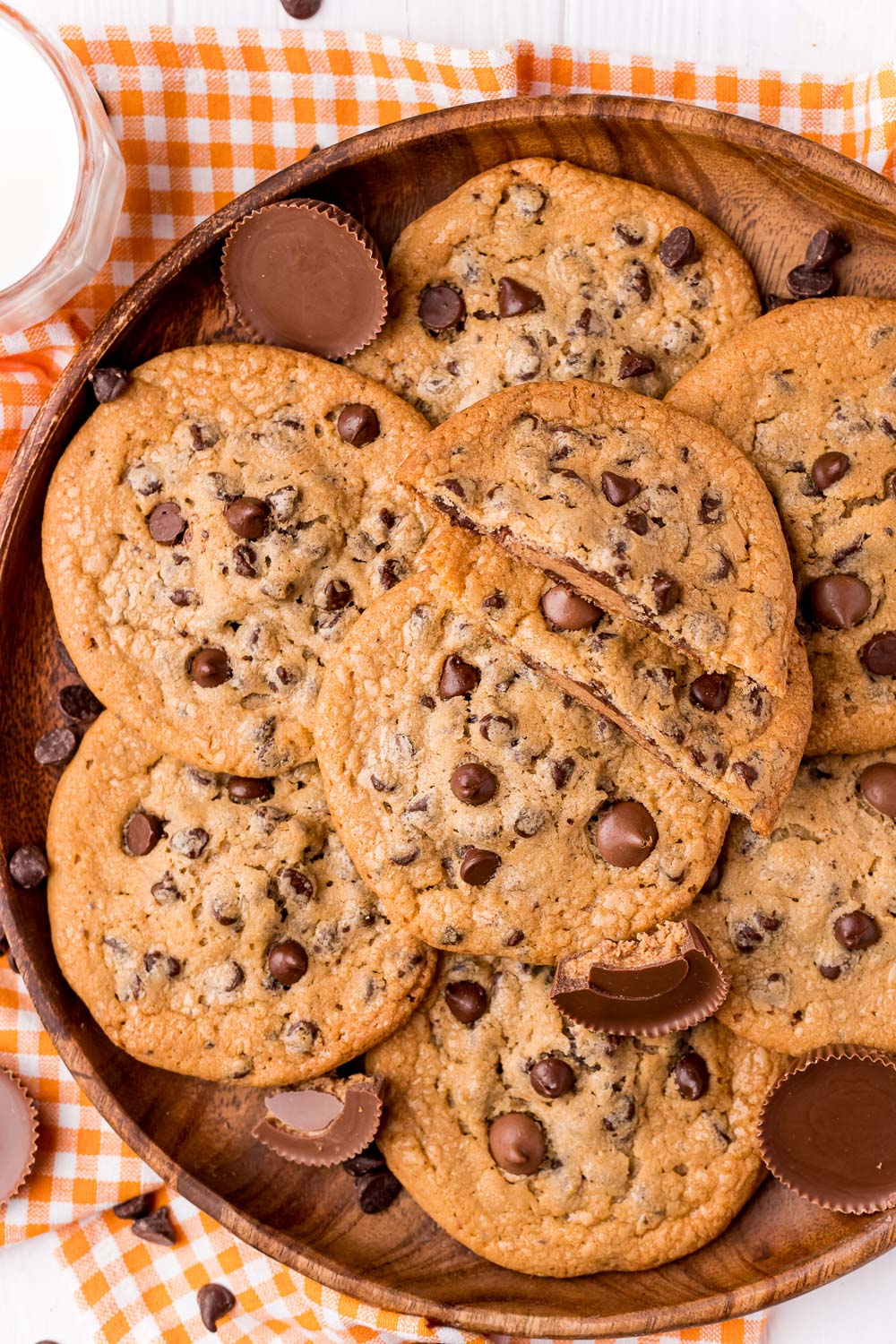 An overhead picture of a pile of Reese's Stuffed Cookies.