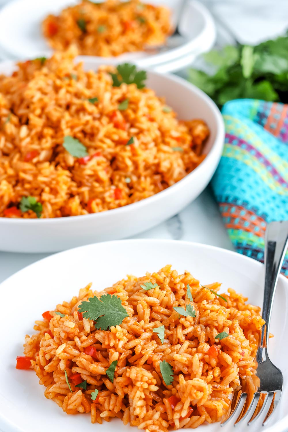 The finished Mexican Rice recipe on a white plate.