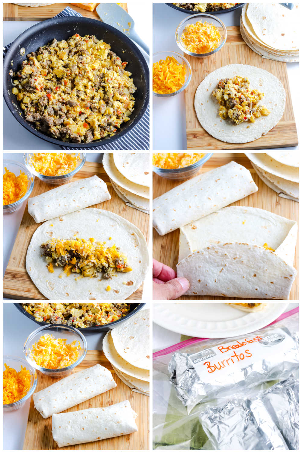 A picture collage of how to make this Breakfast Burrito recipe.