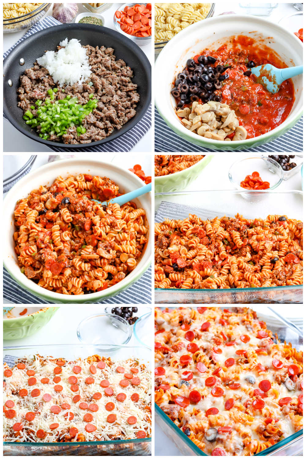 A picture collage of how to make this Pizza Casserole recipe.