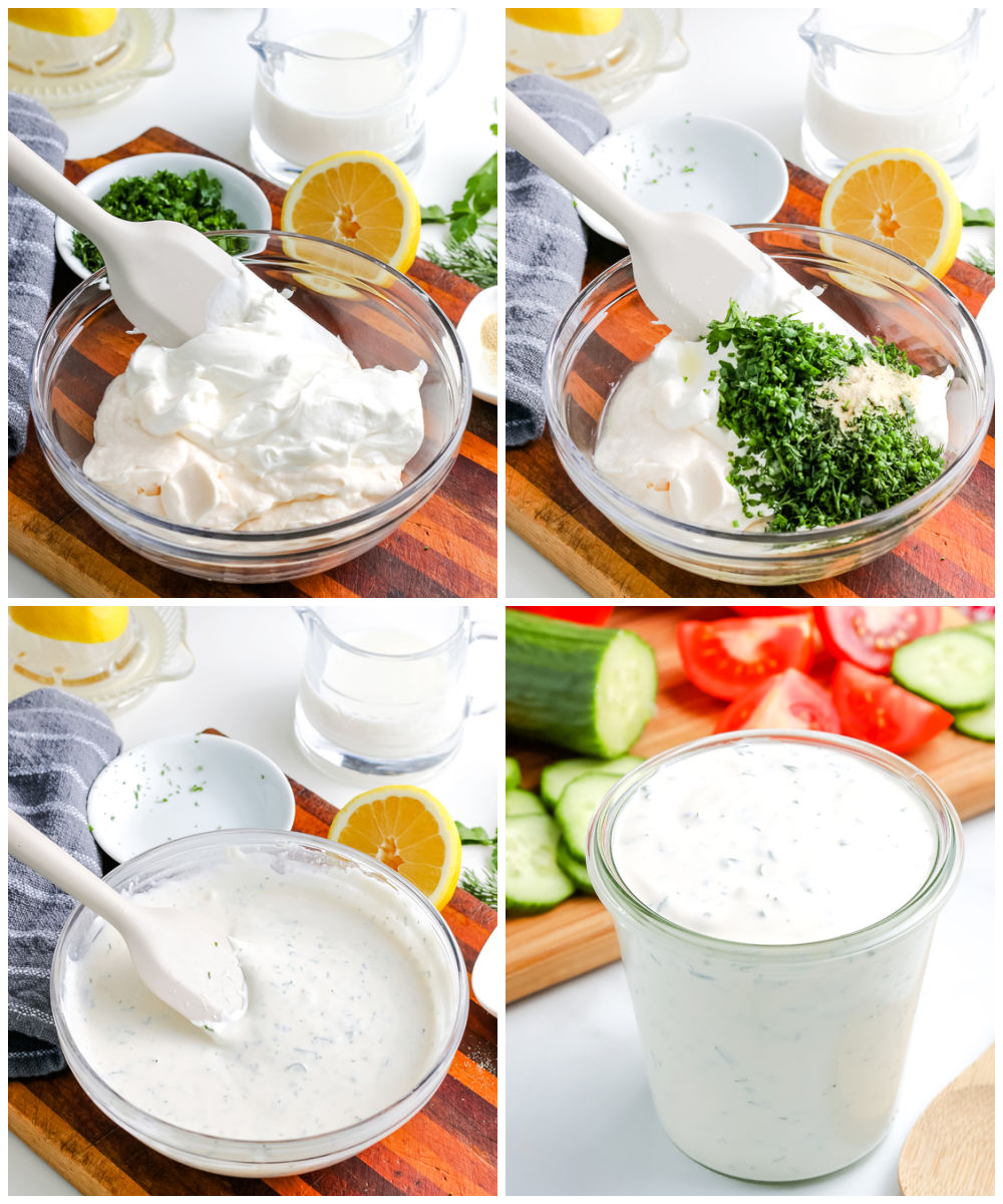 A picture collage of how to make this Homemade Ranch Dressing recipe.