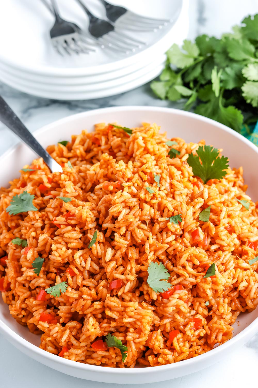 The finished Mexican Rice in a white serving bowl. 