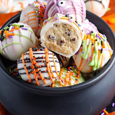 A close up picture of the finished Cookie Dough Balls recipe.