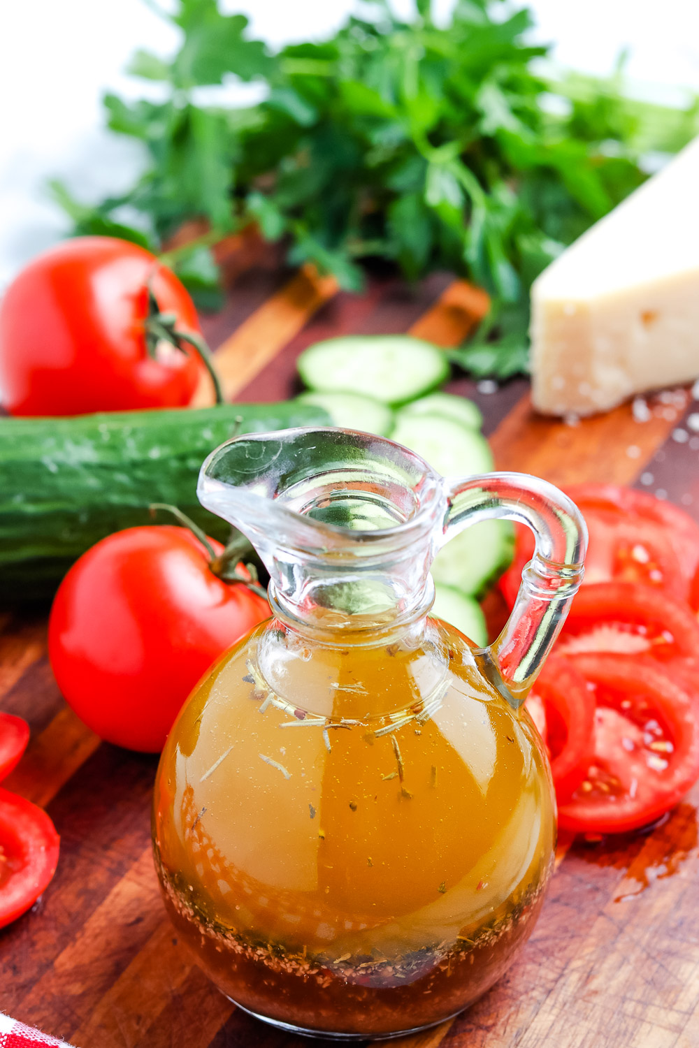 Homemade Italian Dressing in a glass serving bottle. 