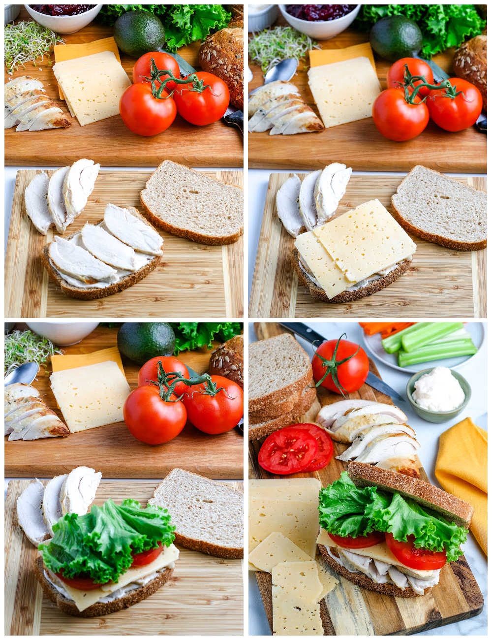 A picture collage of how to make a Leftover Turkey Sandwich.