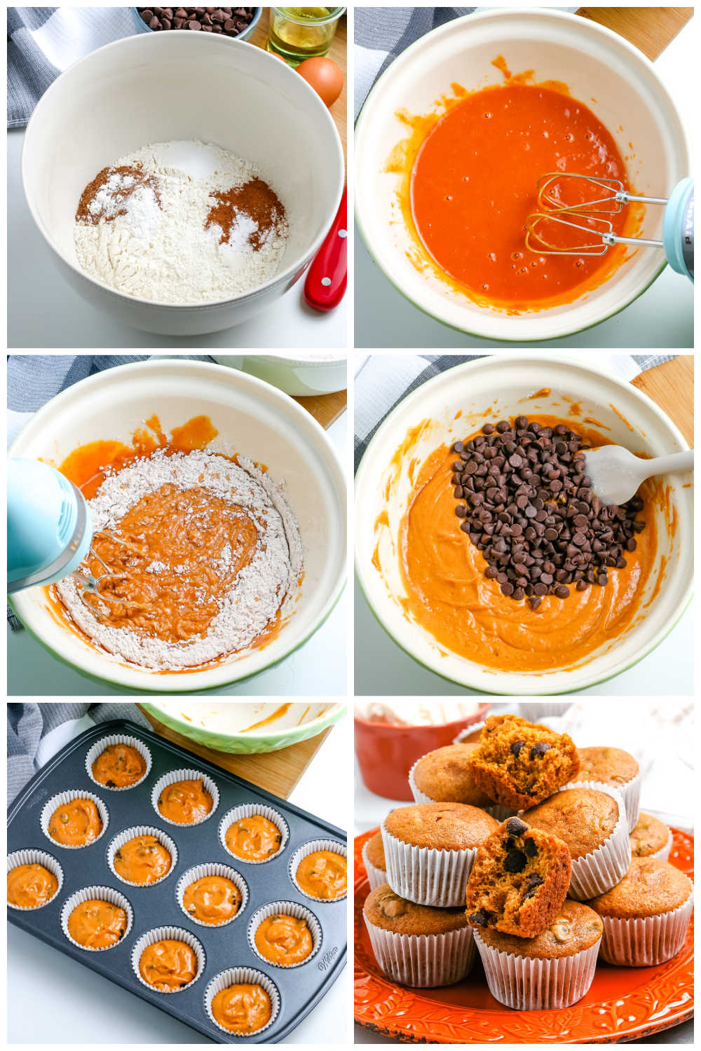 A picture collage of how to make this pumpkin muffin recipe.